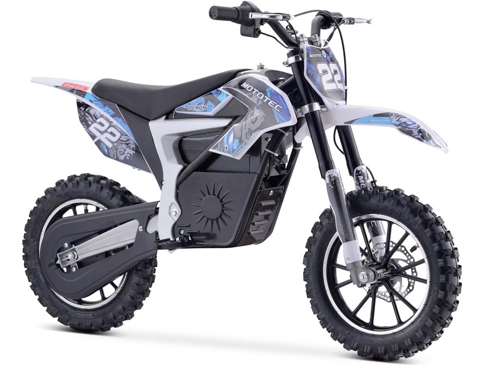 MotoTec 36v 790w Demon electric dirt bike in blue - lithium kids dirt bike with 5/10/18 mph key-lock 3-speed selector and UL 2272 fire-safety certification