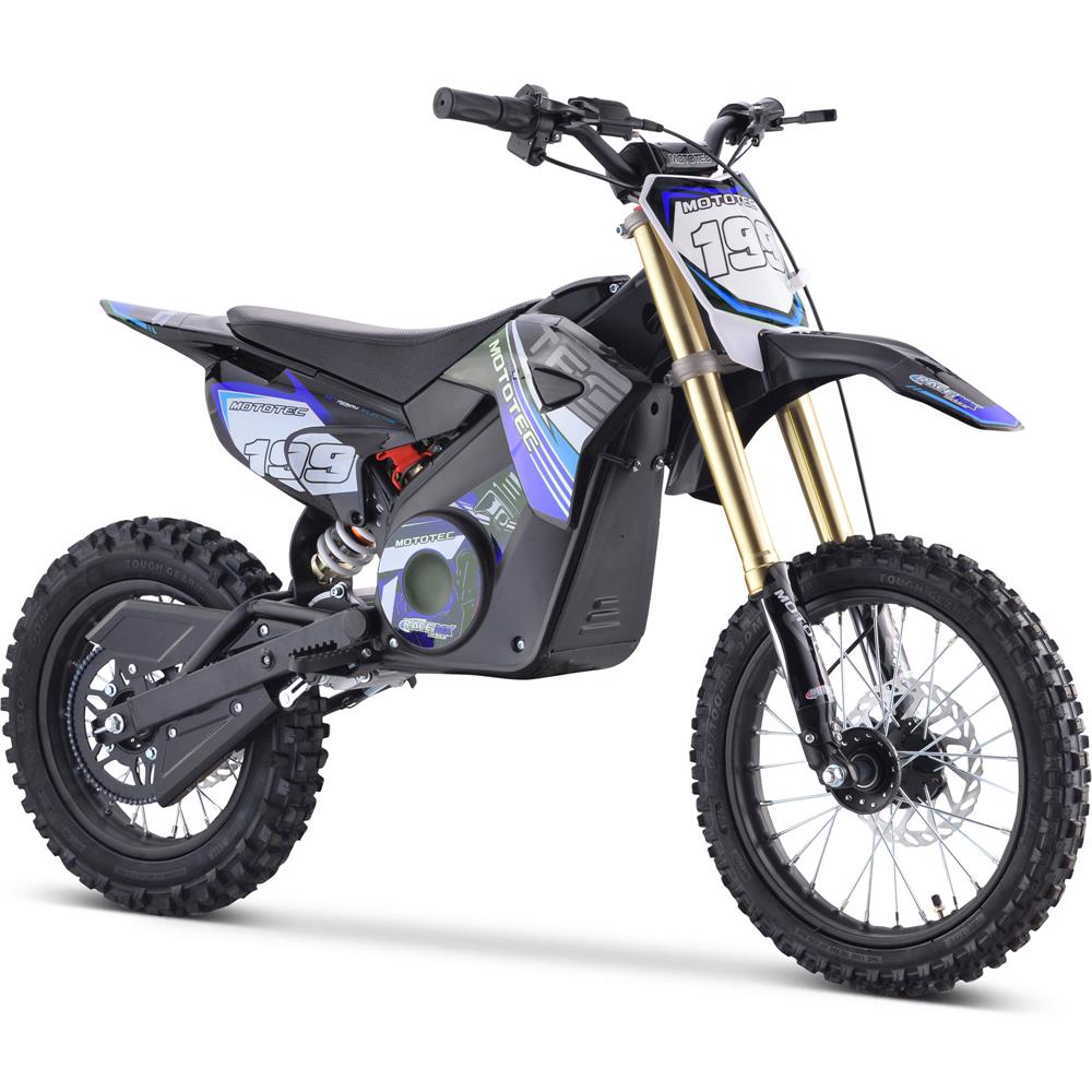 MotoTec 48v Pro 1800W electric dirt bike in blue - 31 mph IPX6 water-rated lithium dirt bike with 15.6Ah battery and CEC certification for California sale