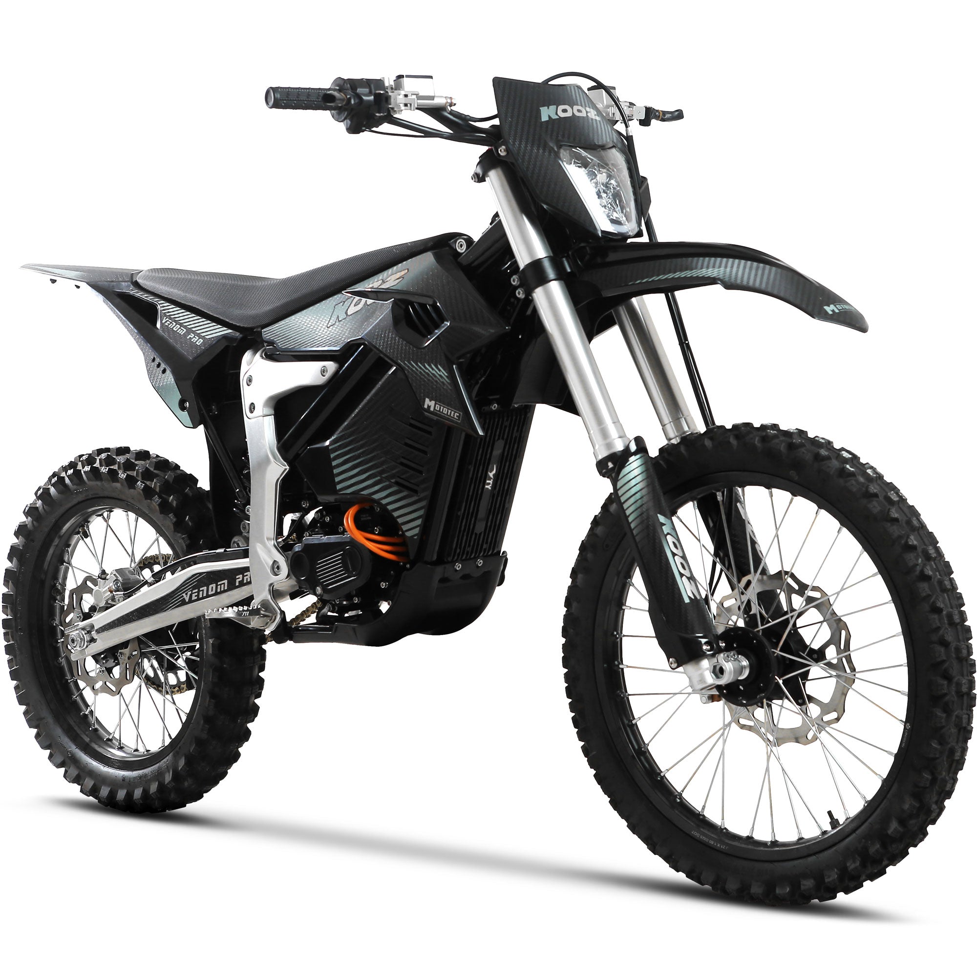 MotoTec Venom 72v 30000w electric dirt bike in black - 30,000W peak power flagship with automatic transmission, 73Ah CATL battery, and 1200Nm peak wheel torque