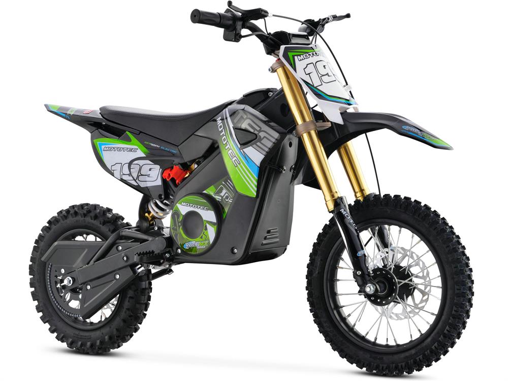 MotoTec 36v Pro 1200W electric dirt bike in green - intermediate lithium dirt bike with three variable dials for top speed, throttle response, and motor power