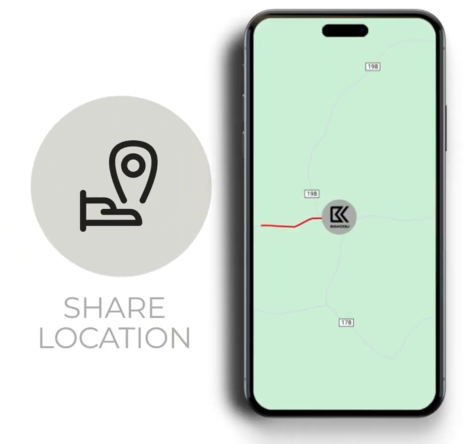 BAKCOU Connect app GPS tracking screen showing real-time bike location on map