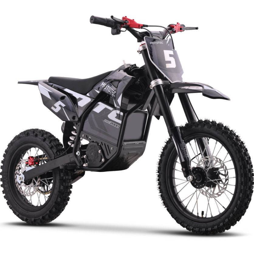 MotoTec 60v Pro 2000W electric dirt bike in grey - 40 mph track-capable lithium dirt bike with 3000W peak power, quick-removable battery, and 180mm hydraulic disc brakes